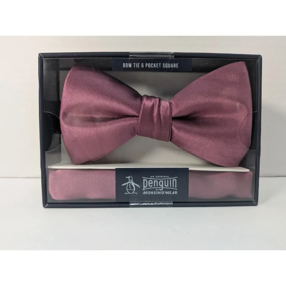 Original Penguin Bow Tie & Pocket Square‎ Set Choice of White or Plum / Eggplant
